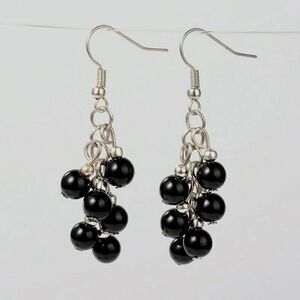 Handcrafted Natural Black Onyx Gemstone Beads Cluster Dangle Earrings
